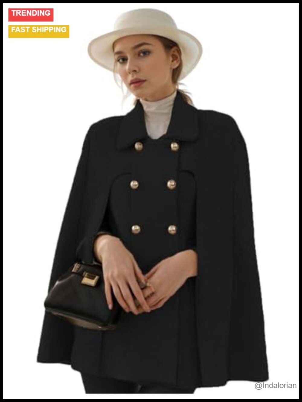 Elegant Wool Blend Cape Coat with Gold Buttons & Pockets